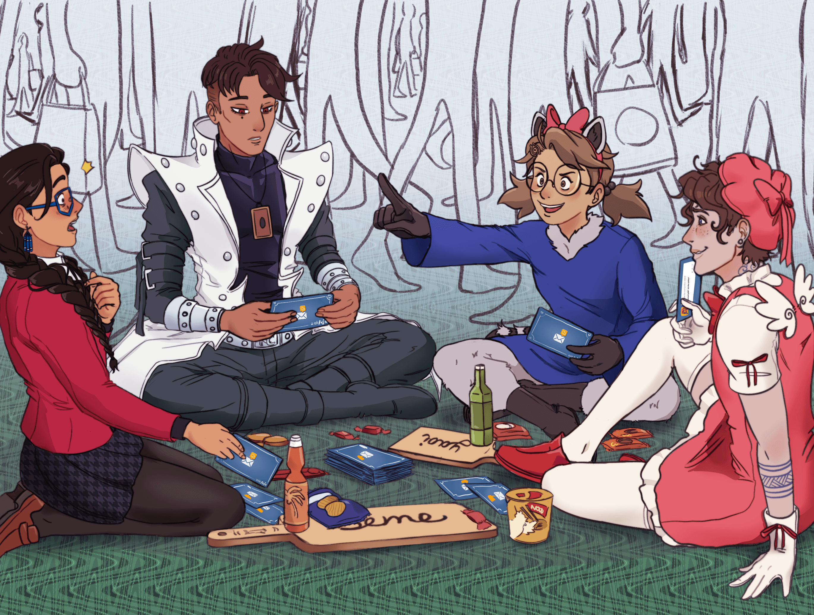 ARIA, Boba-tan, CSS, and HTML hanging out with drinks, playing the AskFujo card game. Boba-tan sits cross-legged on the ground, pointing towards CSS and asking him a question as ARIA looks on, amused, and HTML reads his own question card. A crowd of convention-going passersby shuffle behind the group.